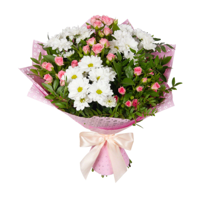 Букет «Волшебный сад» – гармония кустовых роз и белоснежных хризантем Усолье-Сибирское Иркутская область