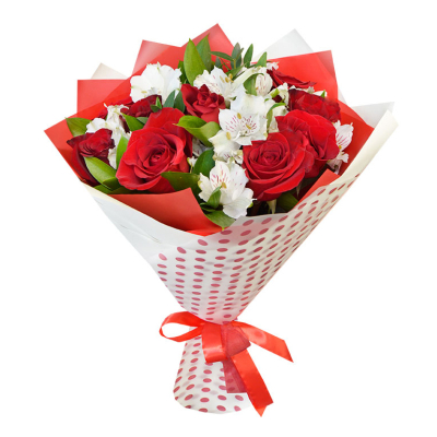 Букет из красных роз и белоснежных альстромерий – гармония страсти и нежности Усолье-Сибирское Иркутская область