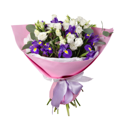 Букет «Подарок» – элегантная композиция из ирисов, эустом и эвкалипта Усолье-Сибирское Иркутская область