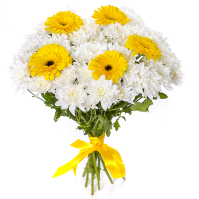 Солнечный букет из желтых гербер и белых хризантем – радость в каждом лепестке Усолье-Сибирское Иркутская область