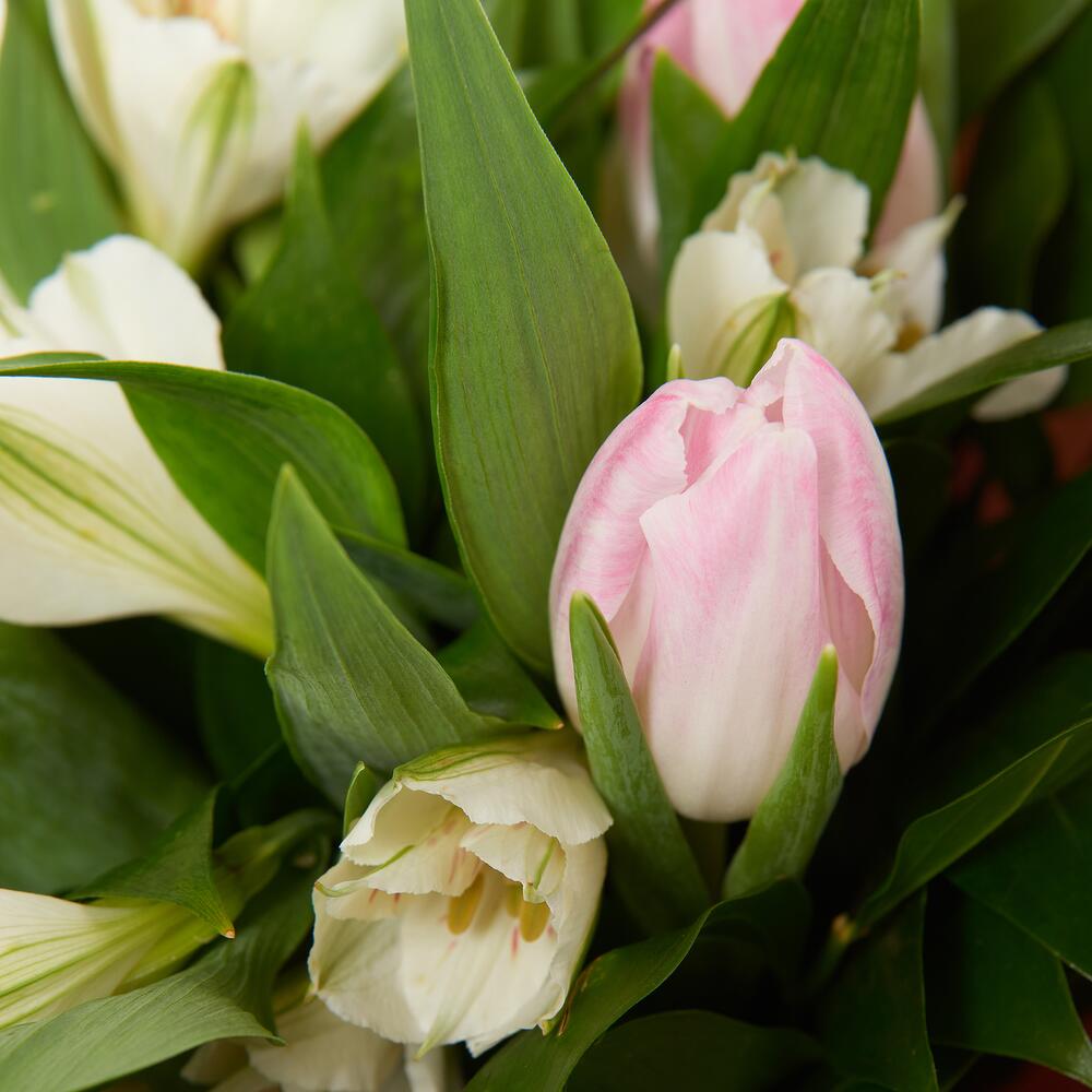 Букет «Первое свидание» розовых тюльпанов и белых альстромерий Усолье-Сибирское Иркутская область