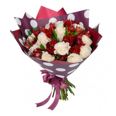 Букет из белых роз и красных альстромерий – гармония страсти и чистоты Усолье-Сибирское Иркутская область