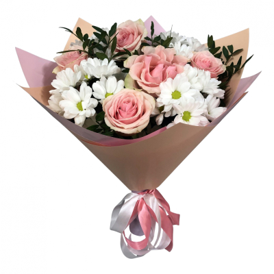 Букет из розовых роз и хризантем – нежность и долговечность Усолье-Сибирское Иркутская область