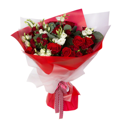 Контрастный букет «Рандеву» – красные розы и белые эустомы Усолье-Сибирское Иркутская область